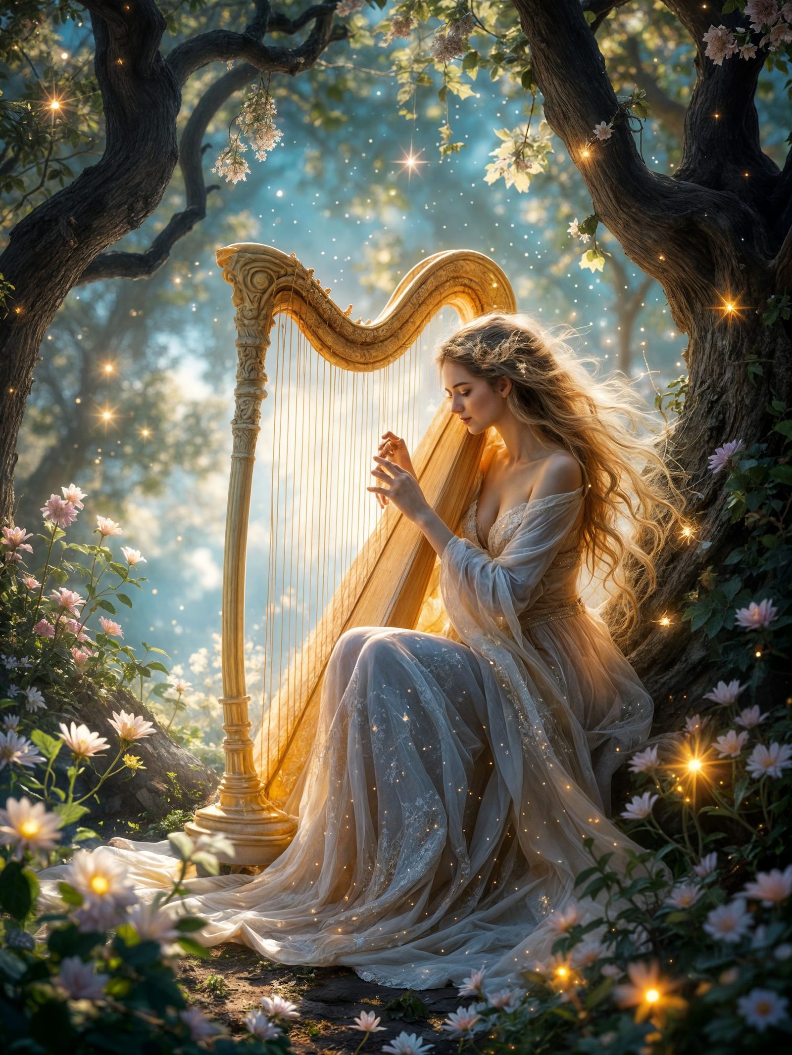 Celestial Harpist Creates Cosmic Harmonies in Digital Art