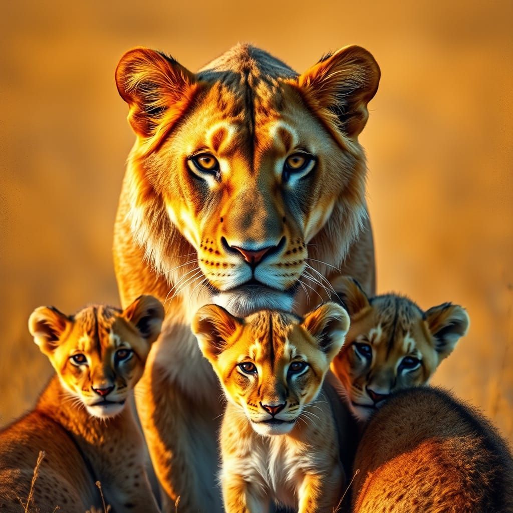 Lioness and Cubs in Golden Savanna Light