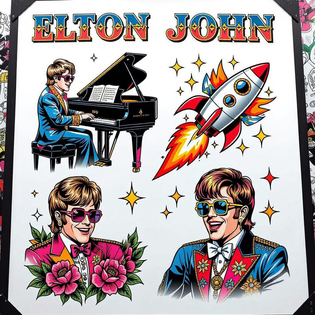 Elton John Flash Tattoo Sheet in Tattoo Art Style