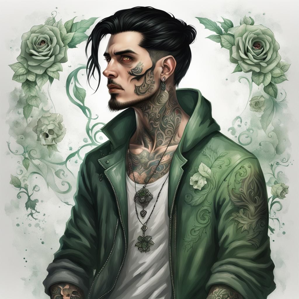 Realistic Man with Skull Tattoo and Magical Clothing