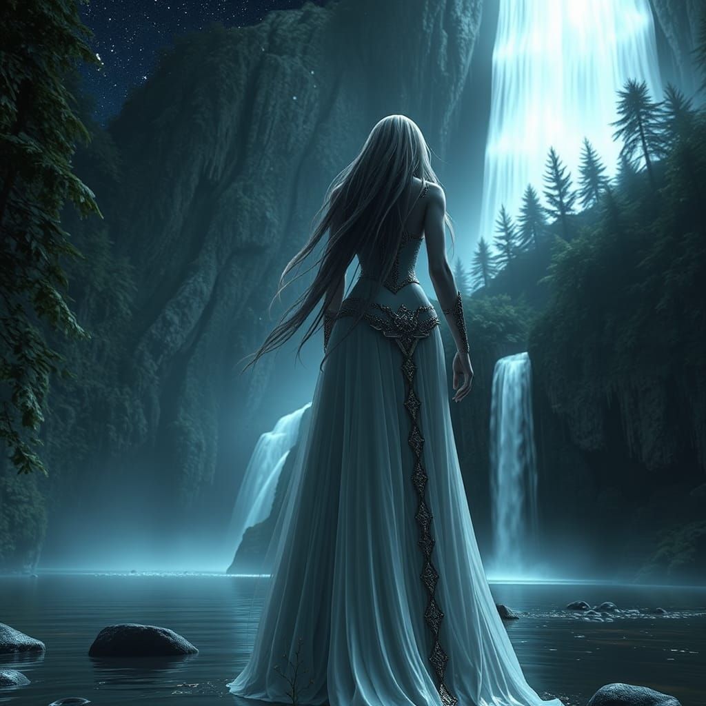 Ethereal Woman in Majestic Waterfall Scene at Night
