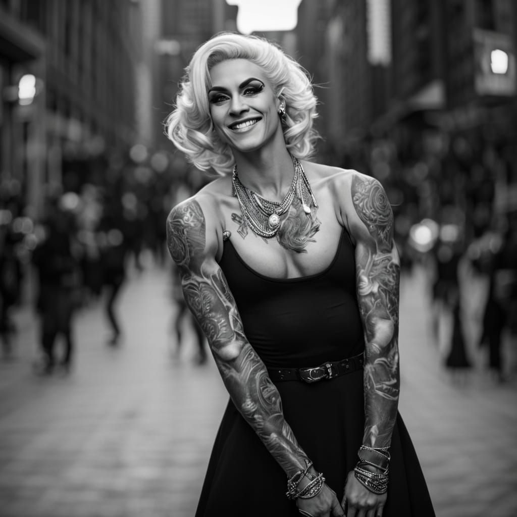 Androgynous Drag Queen in Heels and Casual Dress