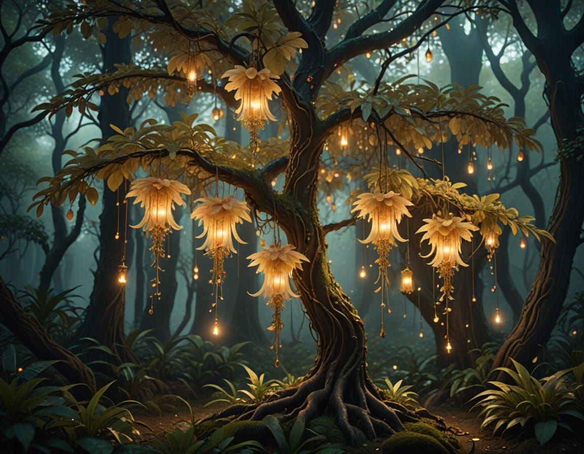 Whimsical Fantasy Tree in Enchanted Forest