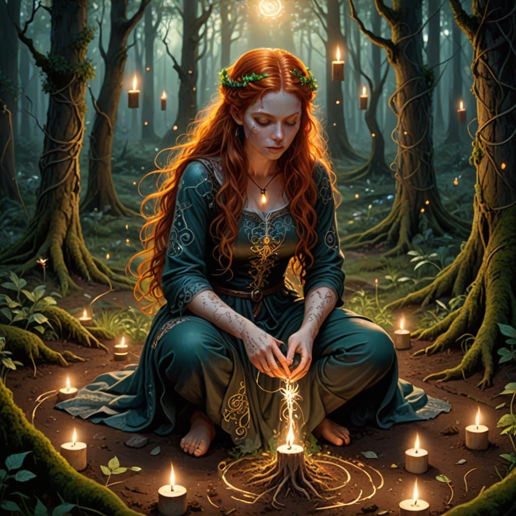 Mystical Redhead Kneeling in Forest Glade