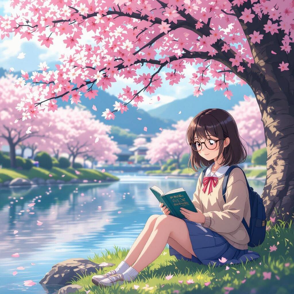 Teenage Girl Reading Under Sakura Tree by Water in Anime Sty...