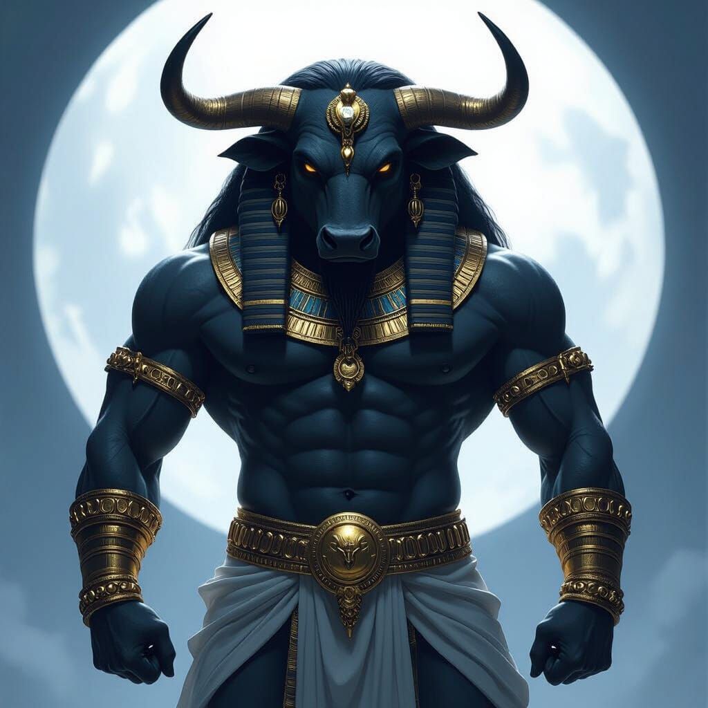 Ancient Egyptian Bull God in Ethereal Moonlight