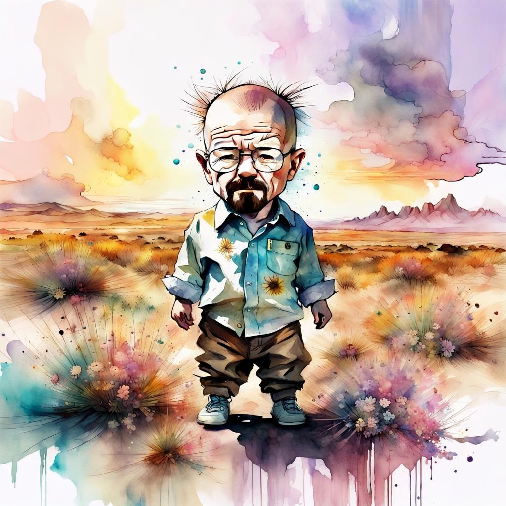 Chibi Walter White in Watercolor Fantasy Landscape