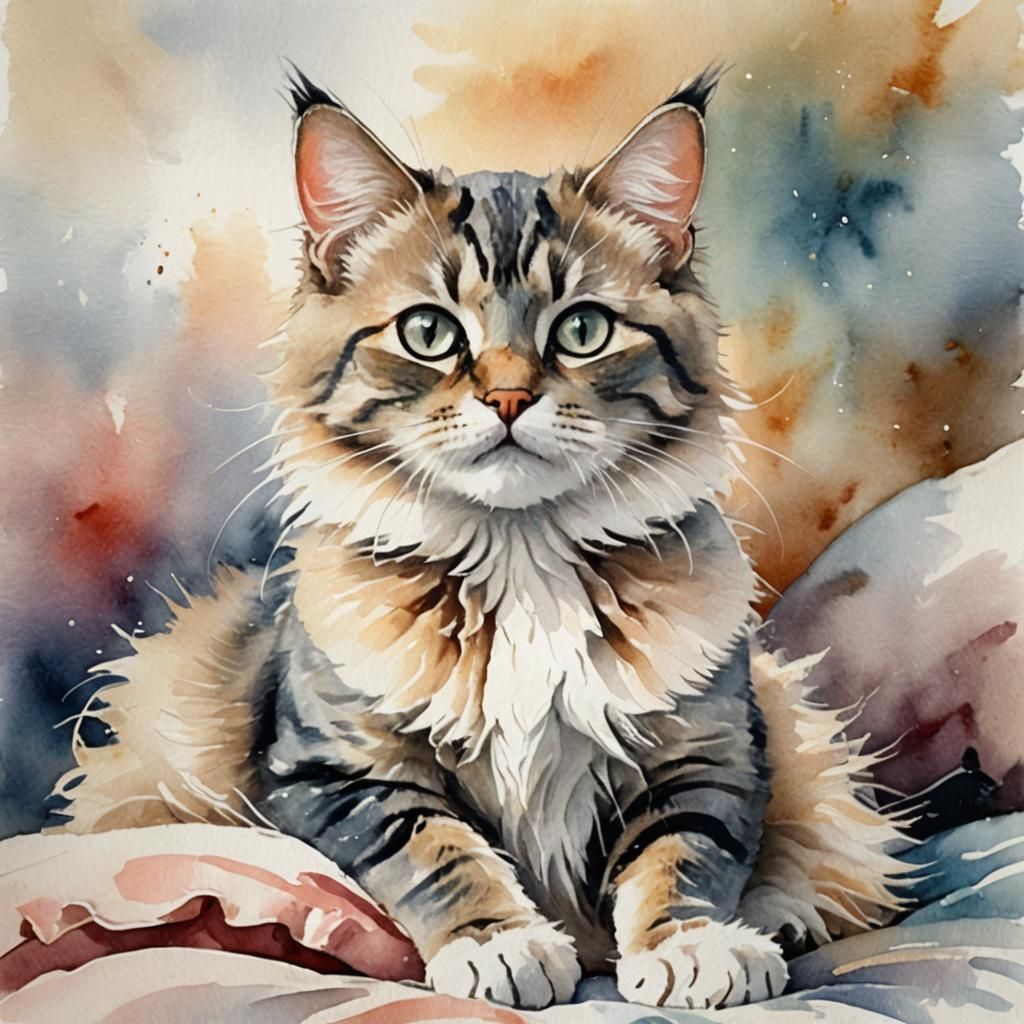 Whimsical Cat Portrait in Watercolor Style