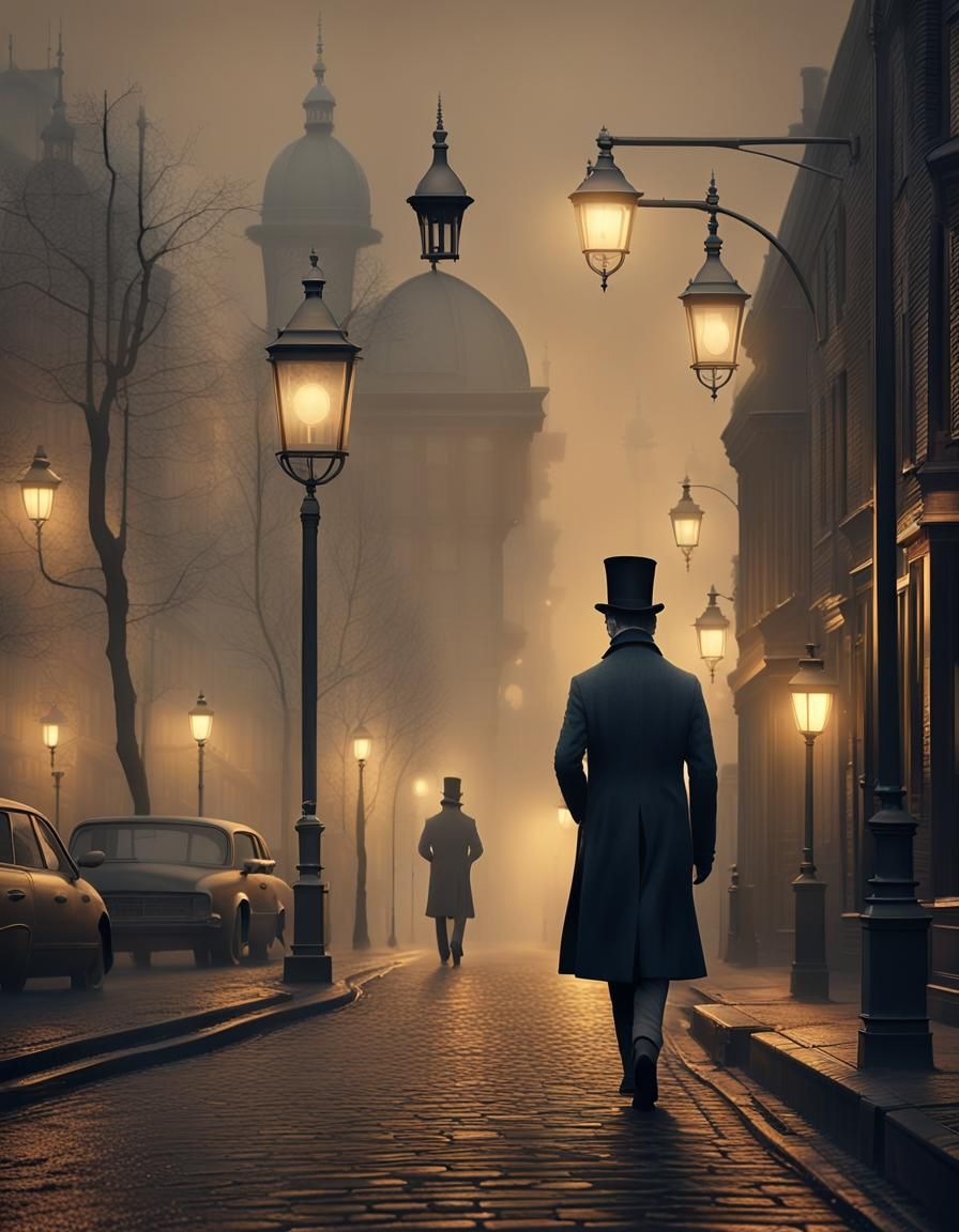 Victorian Man in Foggy City Street, Digital Art