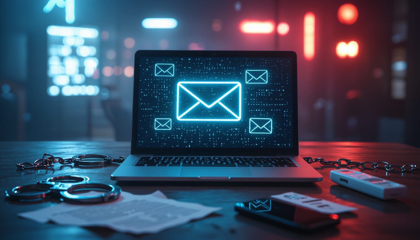 Ominous Cyberpunk Scene with Laptop and Handcuffs