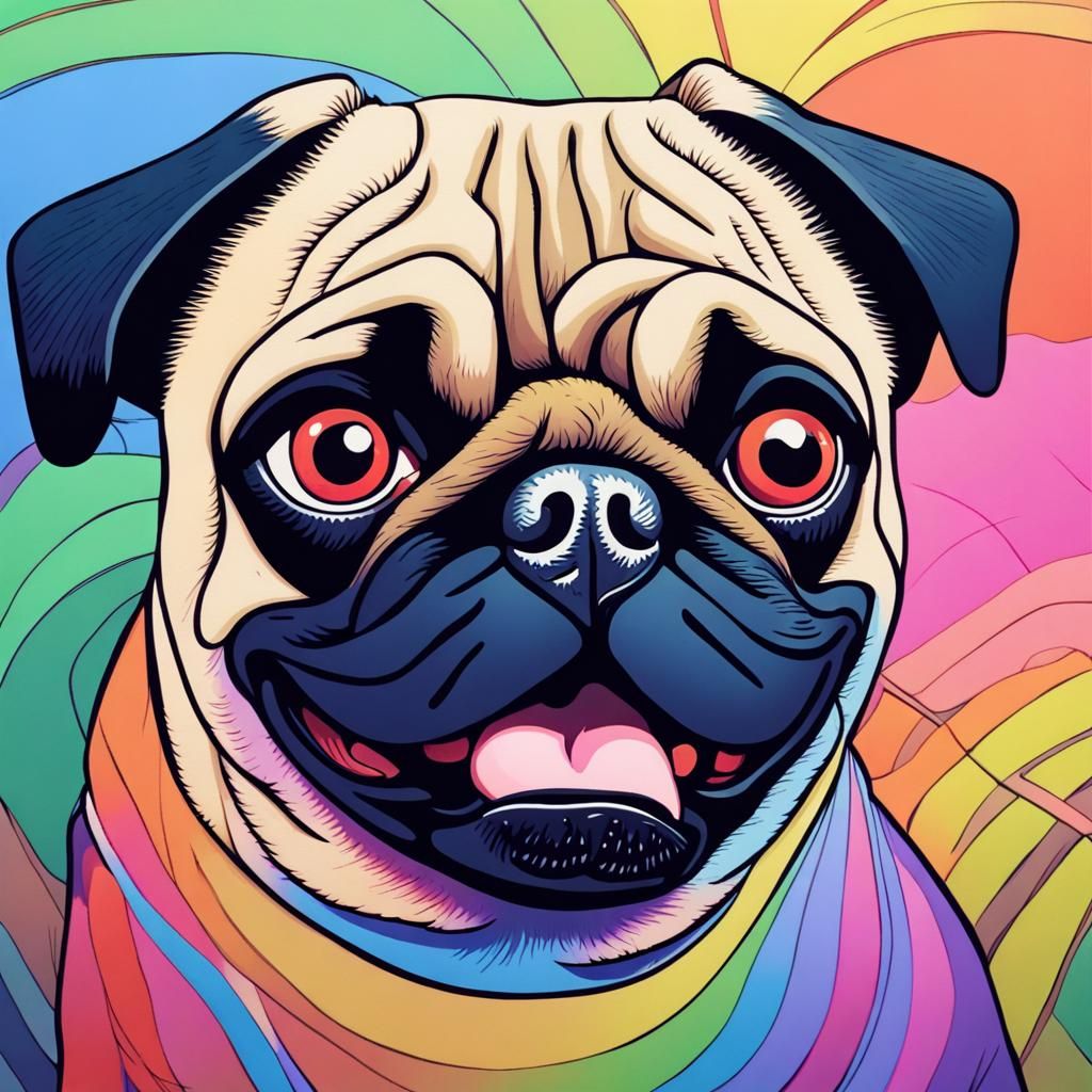 Psychedelic Pug Portrait in Triadic Colors