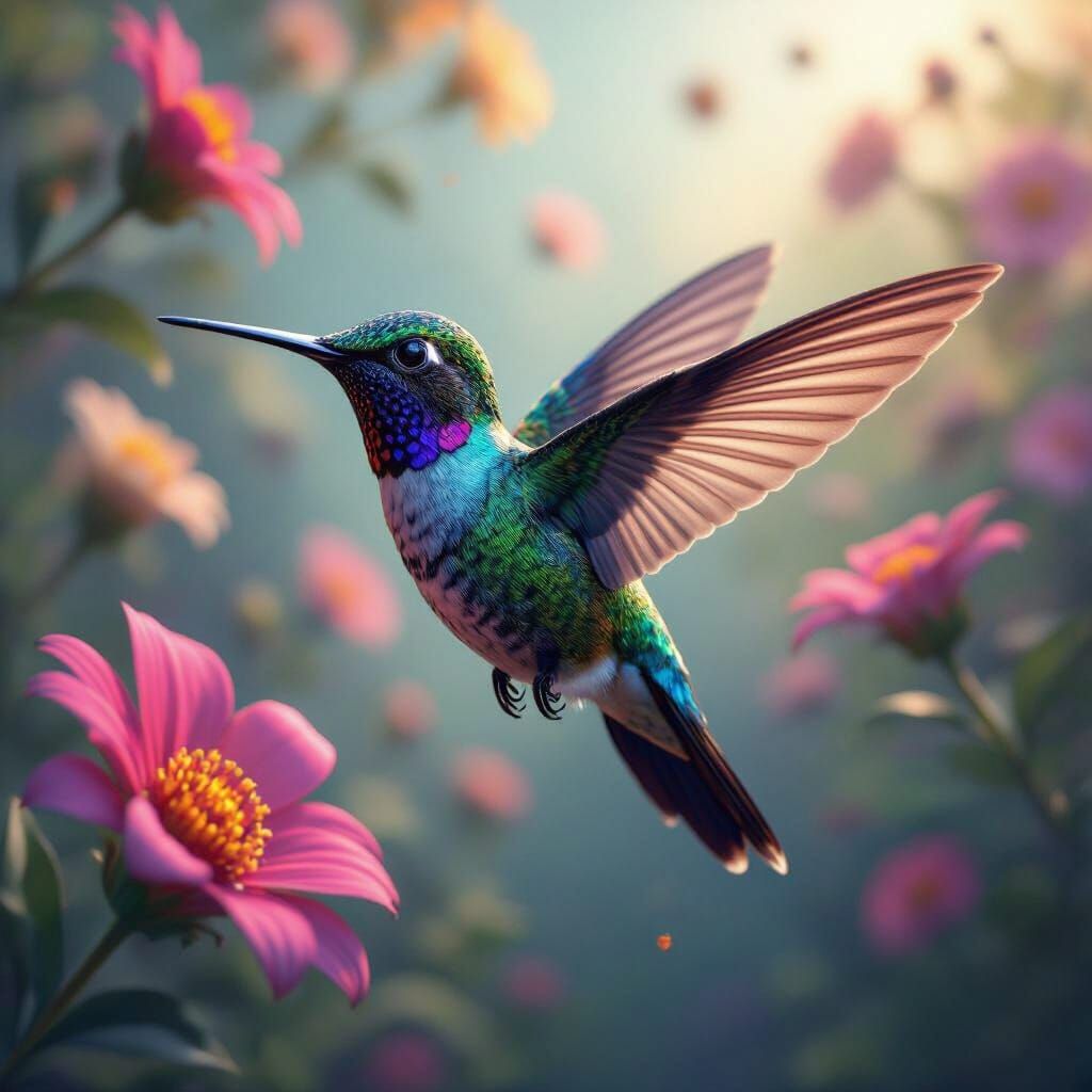 Hyperrealistic Hummingbird in Flight Amidst Kaleidoscopic Fl...