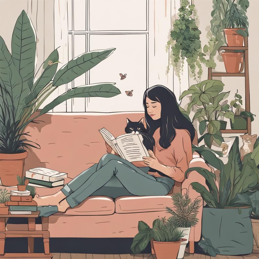 Girl Reading with Cat and Plants