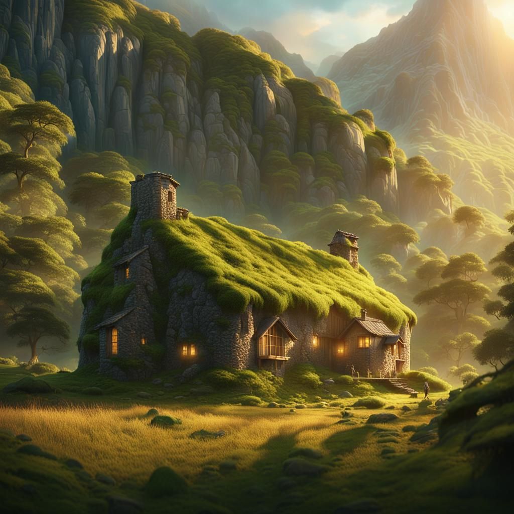 Stone Cottage in Valley, Maximalist Digital Painting