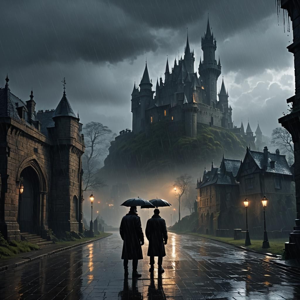 Dark Fantasy Man Contemplates Castle in Rain