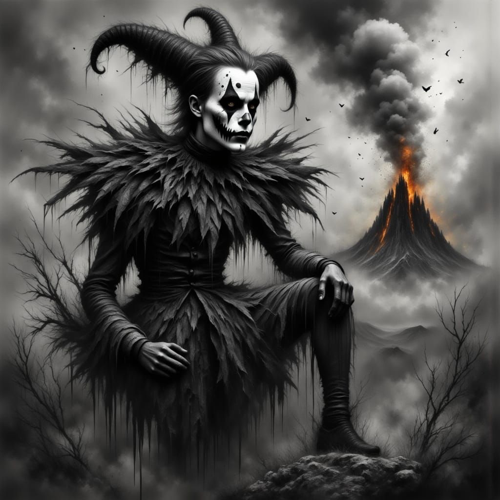 Monochromatic Jester in a Smokey, Abstract Landscape
