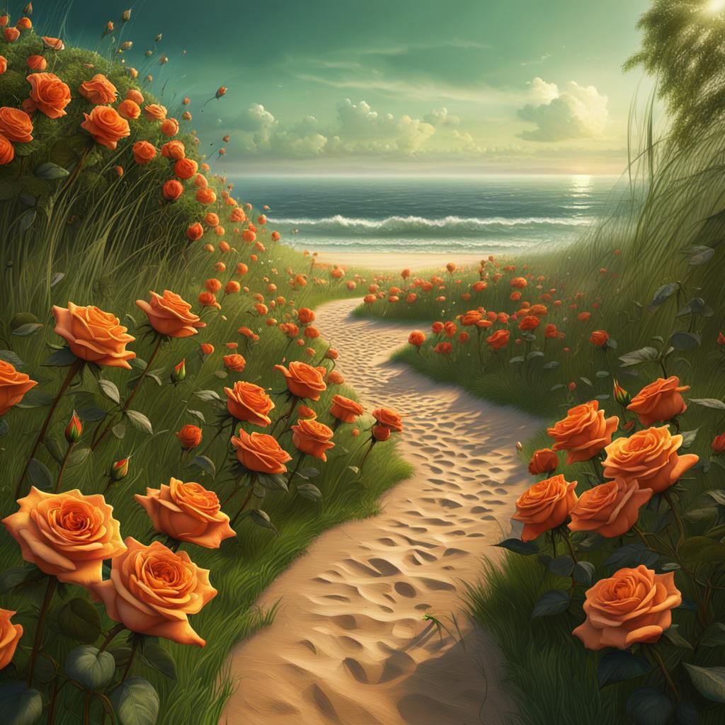 Orange Roses Lead to Beach, Fantasy Concept Art