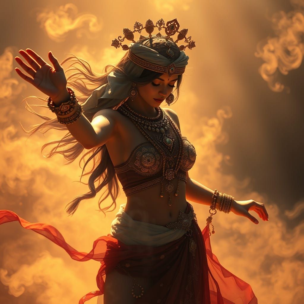 Gypsy Woman Dances in Mystical Fog with Lavish Gold Jewelry