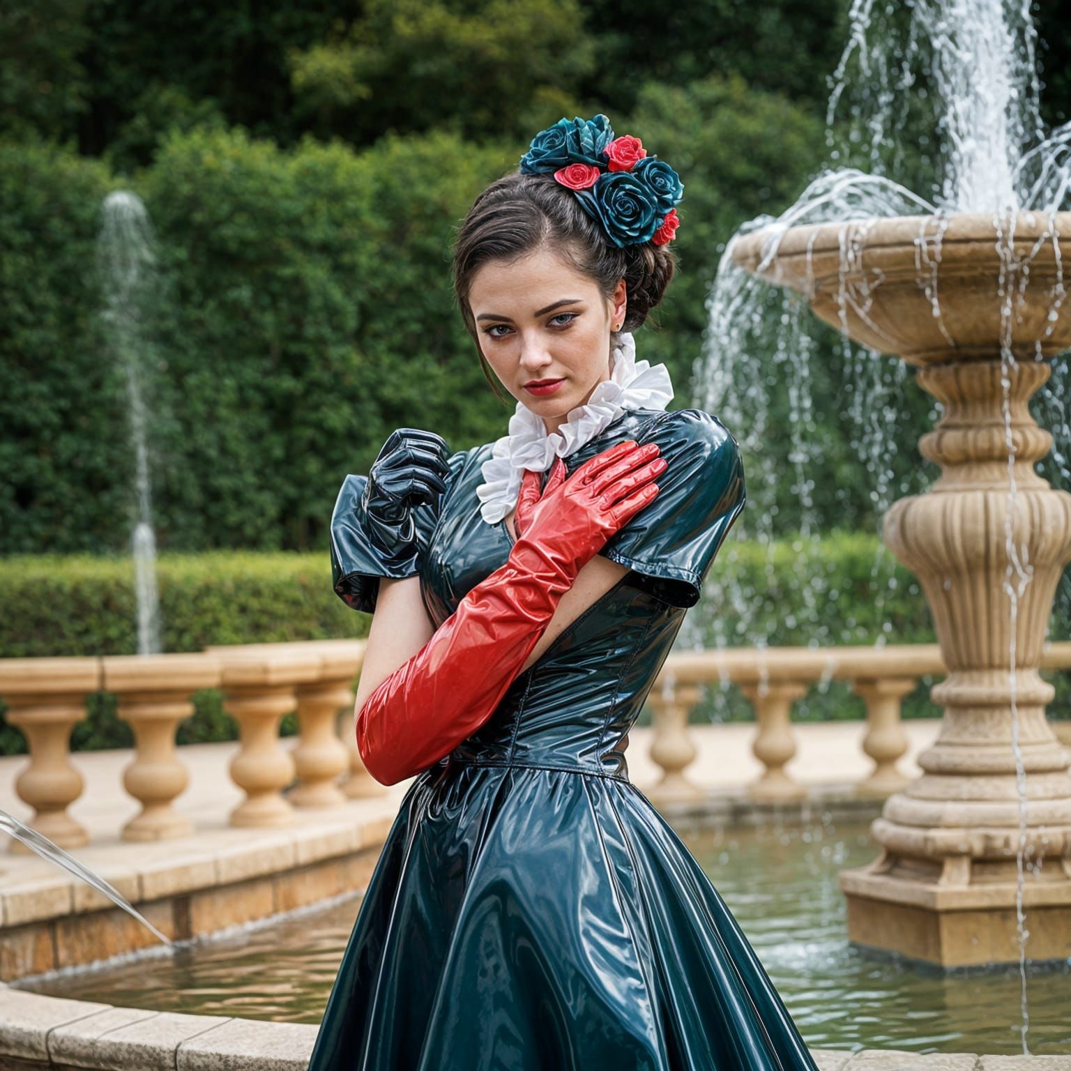 Woman in Latex Victorian Gown by Fountain
