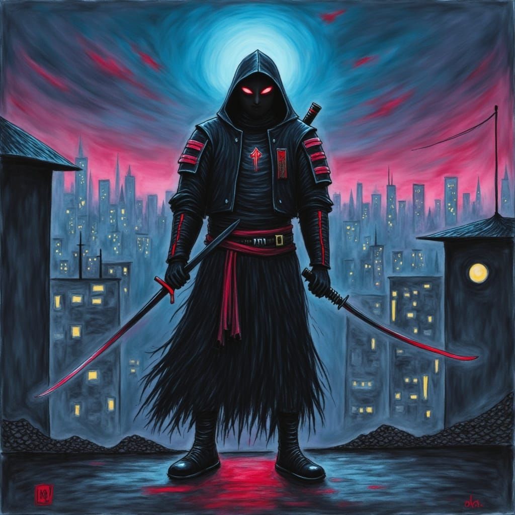 Cyberpunk Samurai on Neon Rooftop with Katana