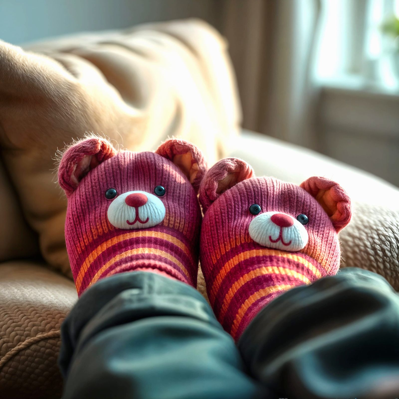 Cute Teddy Bear Socks on Sofa in Photorealistic Detail