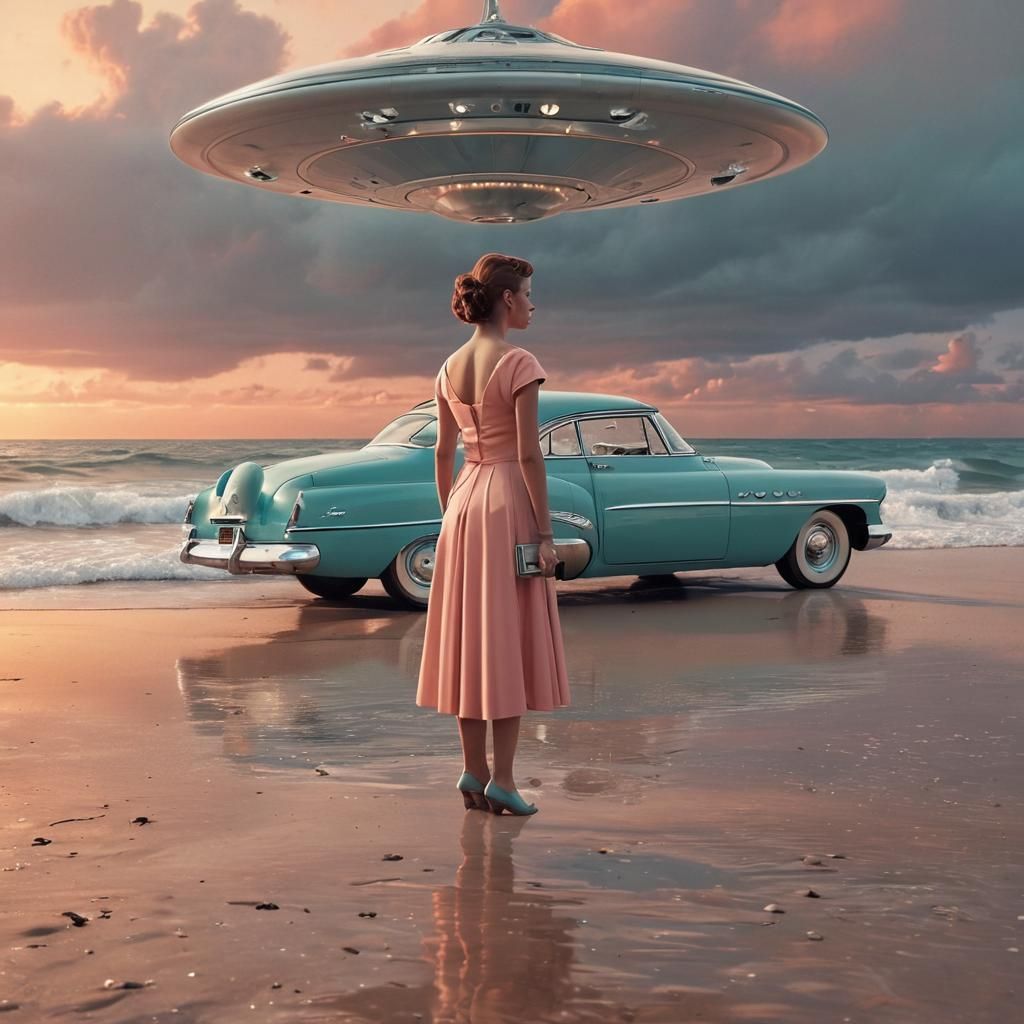Retro-Futuristic 1950s Beach Scene with Flying Saucer