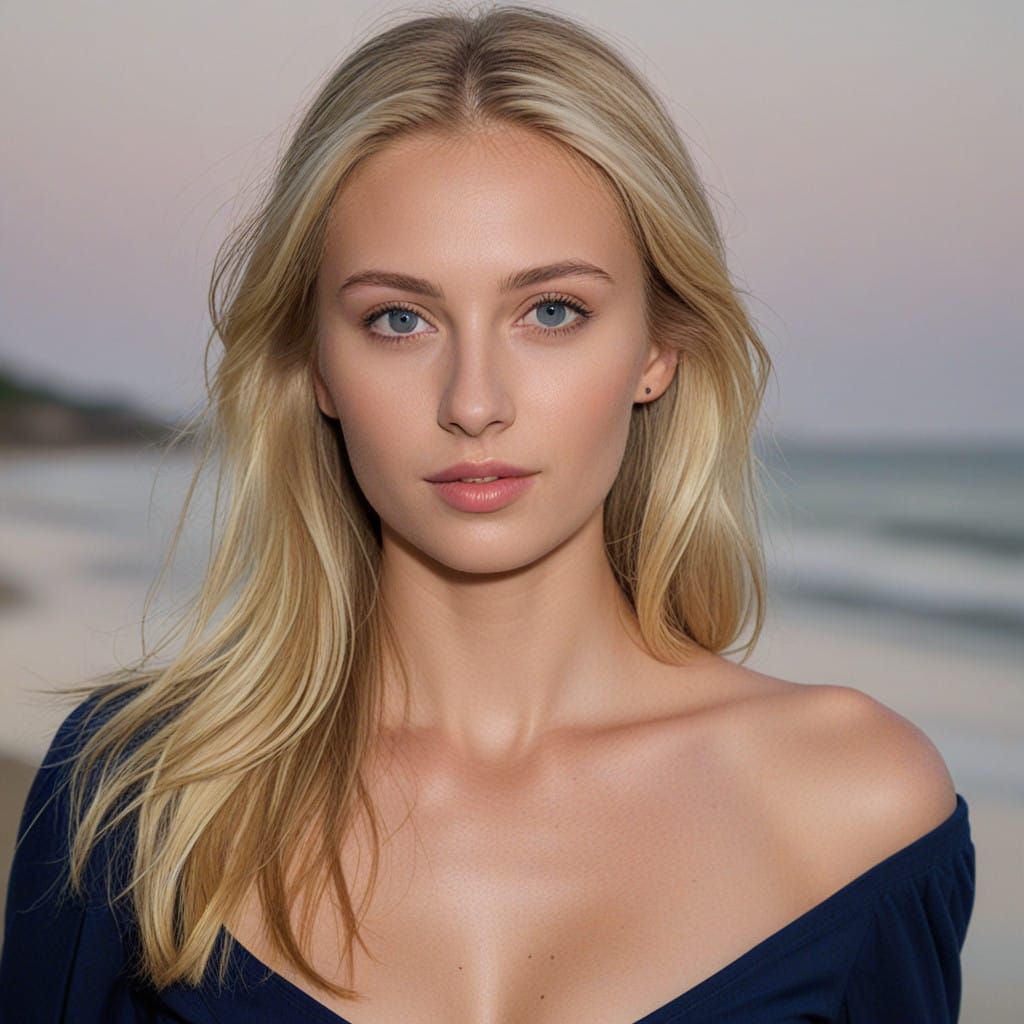 Ethereal Blonde Beauty Strolls Beach at Sunrise
