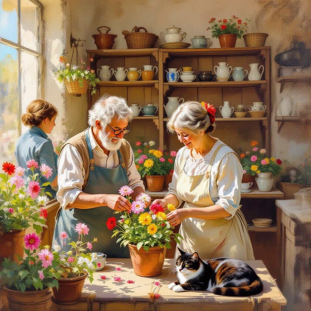 Elderly Couple Tending Flowers in Impressionistic Style