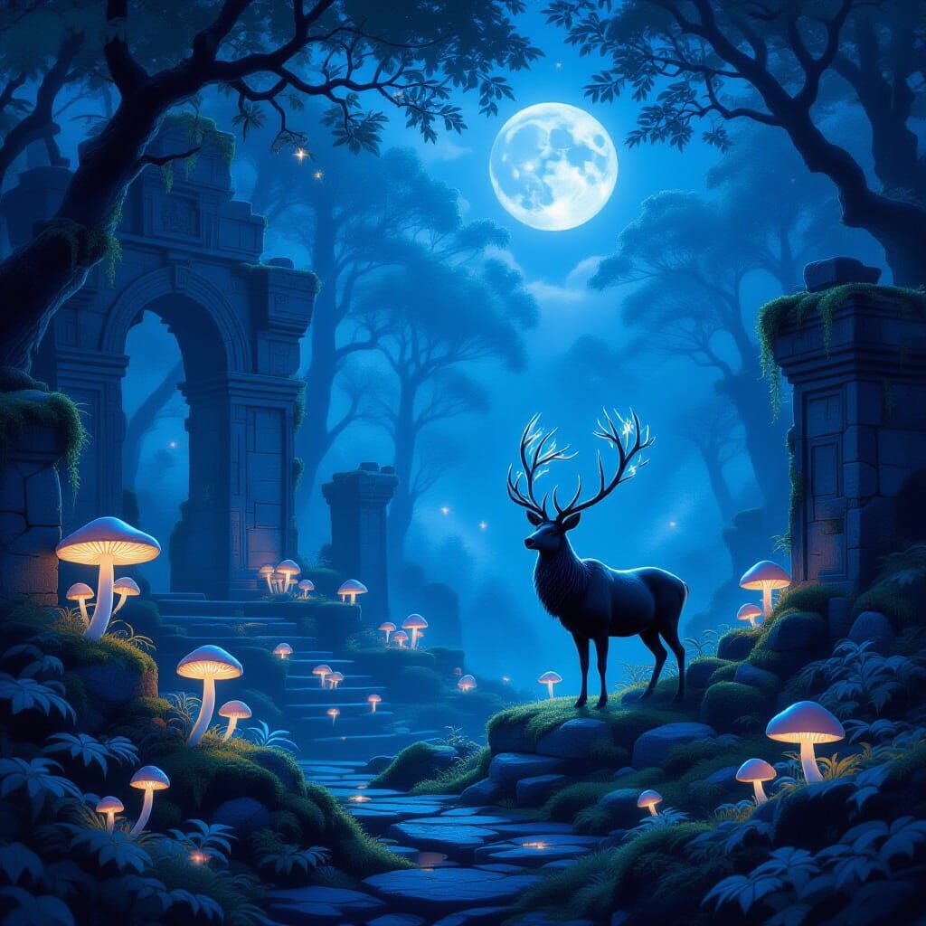 Ethereal Forest Clearing with Glowing Mushrooms and Stag