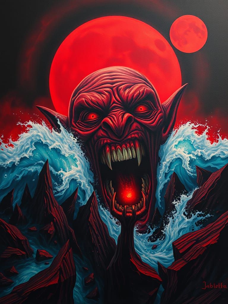 Oil on canvas. Medium shot. A tormented troll face screams i...