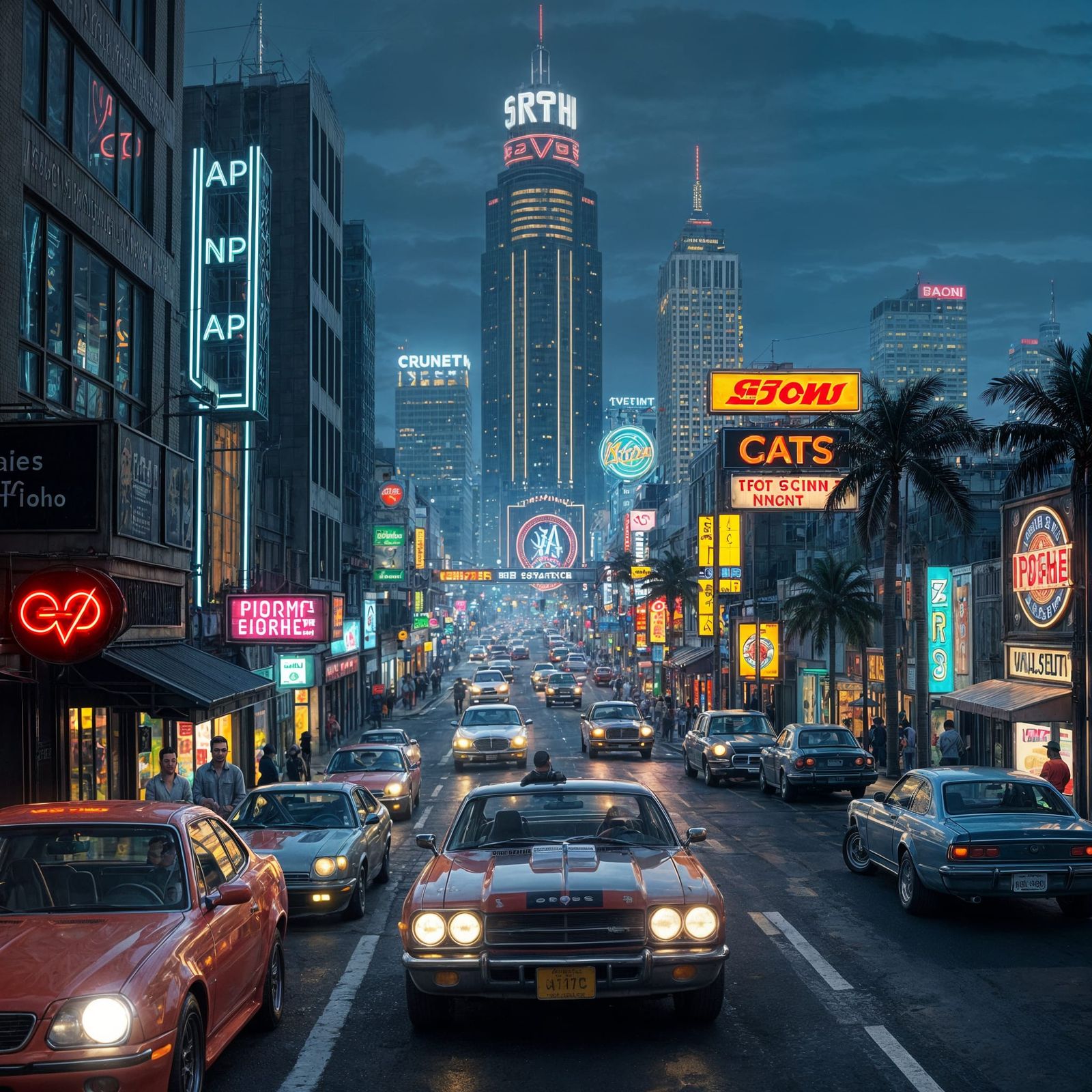 Neon Cityscape with Lowriders: GTA Style Render