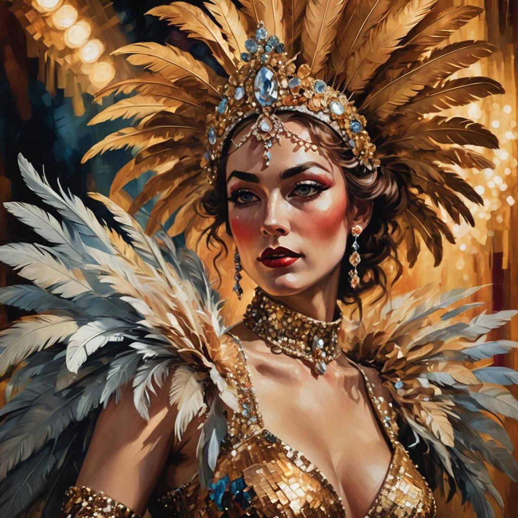 Glamorous Burlesque Showgirl Portrait in Vibrant Oil Paintin...