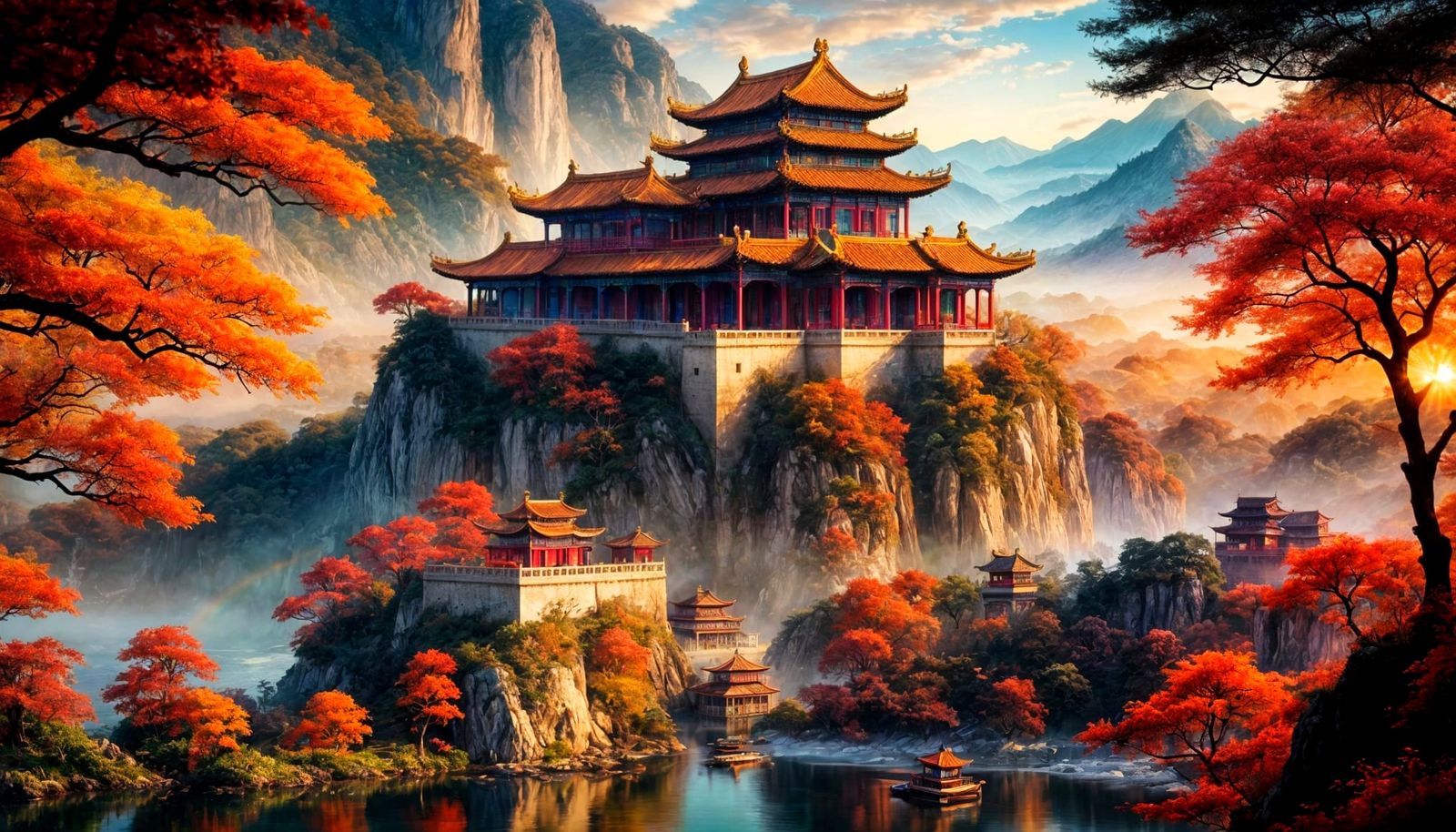 Chinese Palace Landscape at Sunset in Sfumato Style