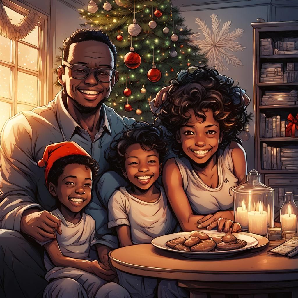 A happy beautiful black family at Christmas.