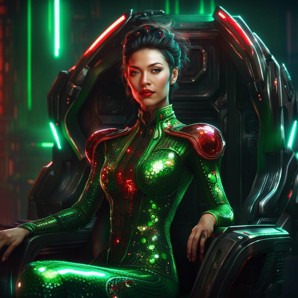 Beautiful Cyborg Woman on Sci-Fi Throne