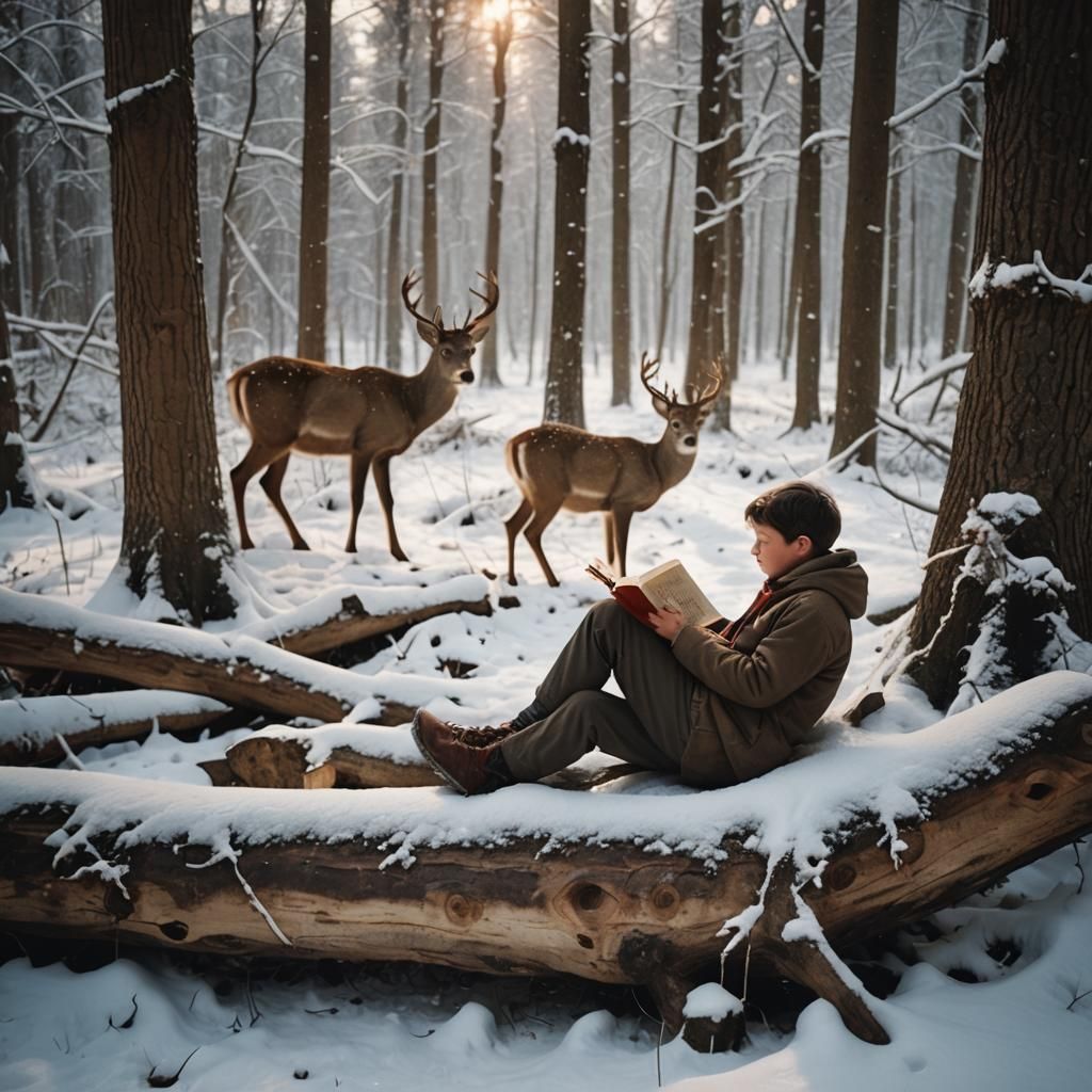 Boy Reads to Deer on Snowy Path