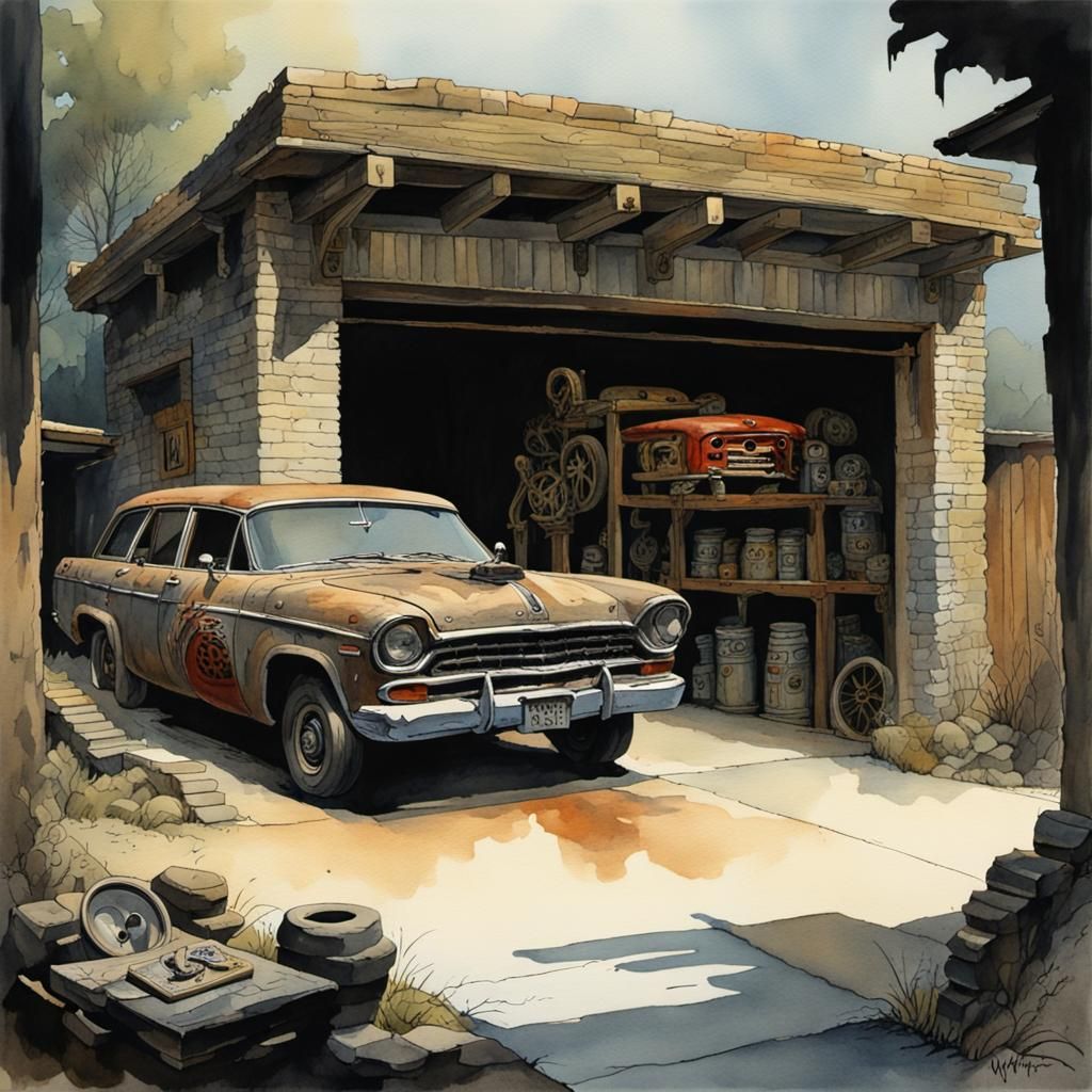 Haunted Aztec Auto Garage in Watercolor Style