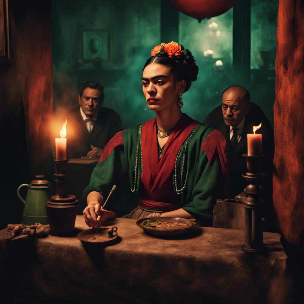 Hyperrealistic Frida Kahlo Speakeasy in Dark Academia Style