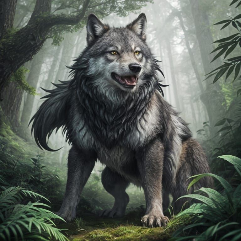 Ferocious Wolf in Forest Displaying Teeth