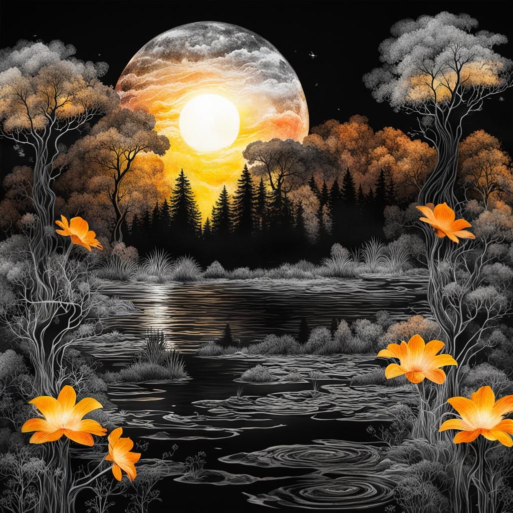 Surreal Ink Art: Fantasy Landscape in Double Exposure