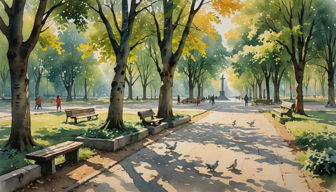 Tranquil Soviet-Era Park in Watercolor Painting