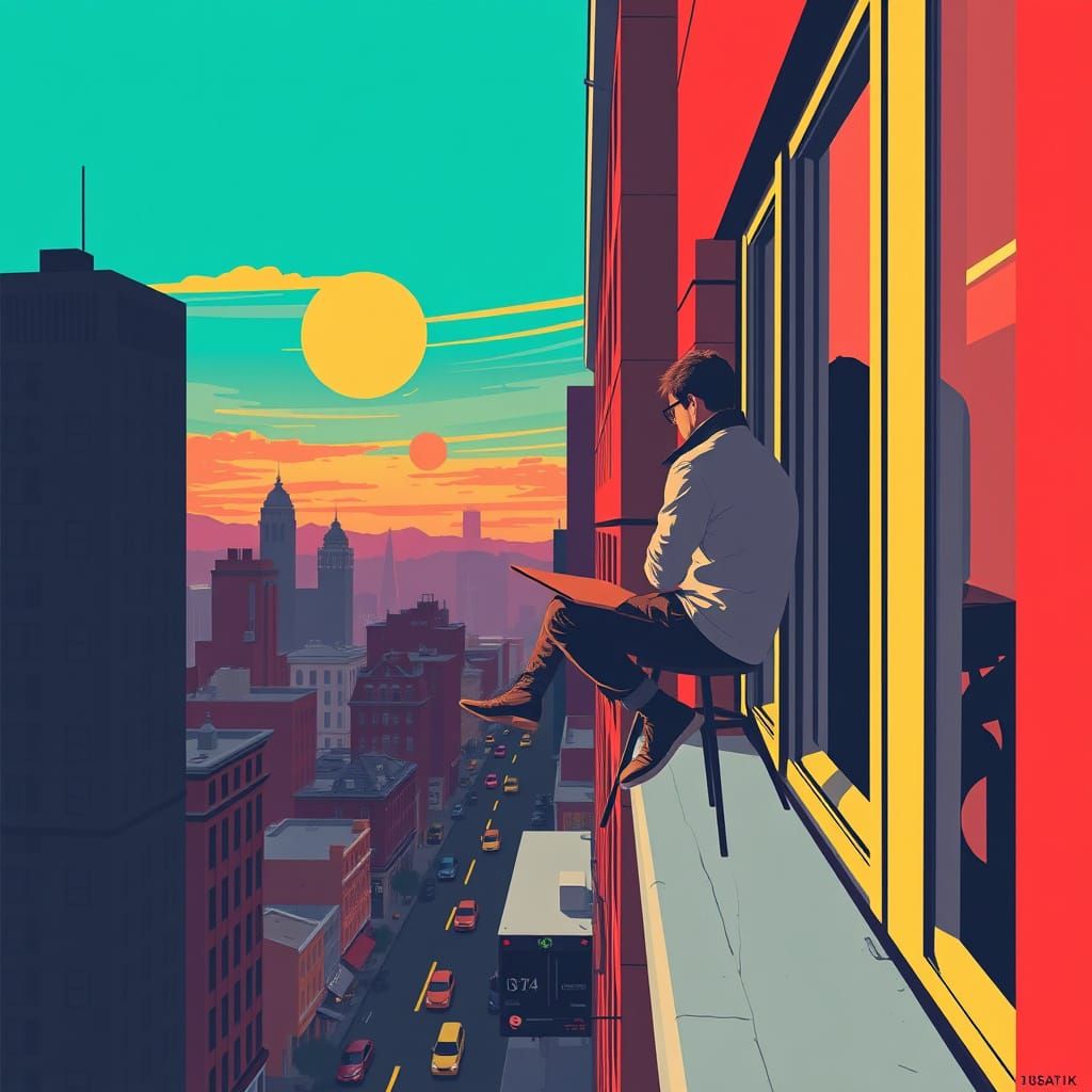 Cyberpunk Windowsill Contemplates Existence in Vibrant Triad...