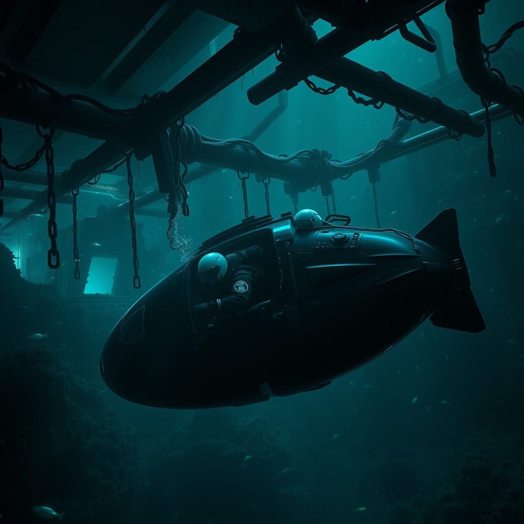 Navy Seals in Underwater Minisub, Bioluminescent Ruins