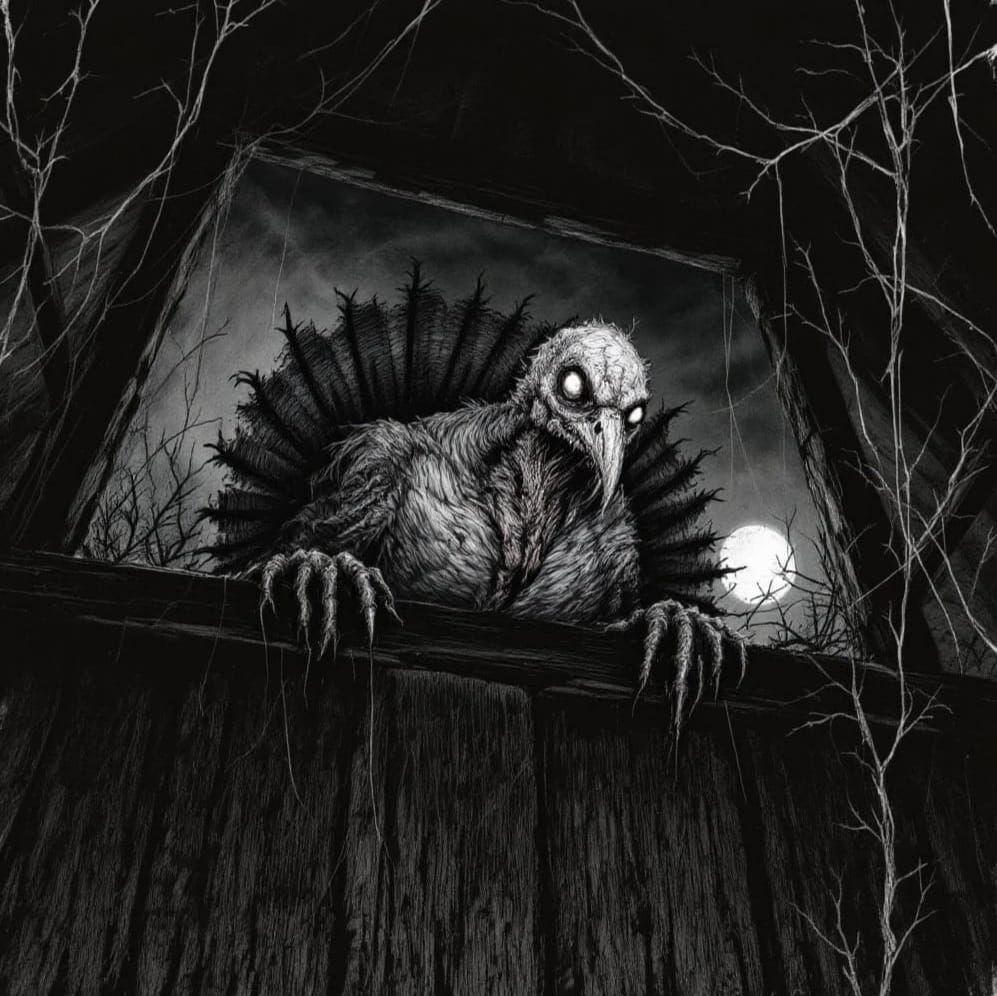 Terrifying Turkey in Dark Barn: Gothic Horror Art