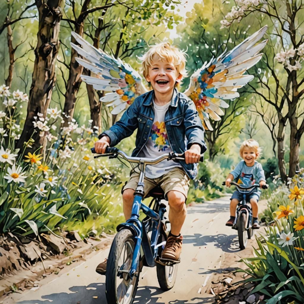 Boy and Angel Ride Bike in Spring Landscape