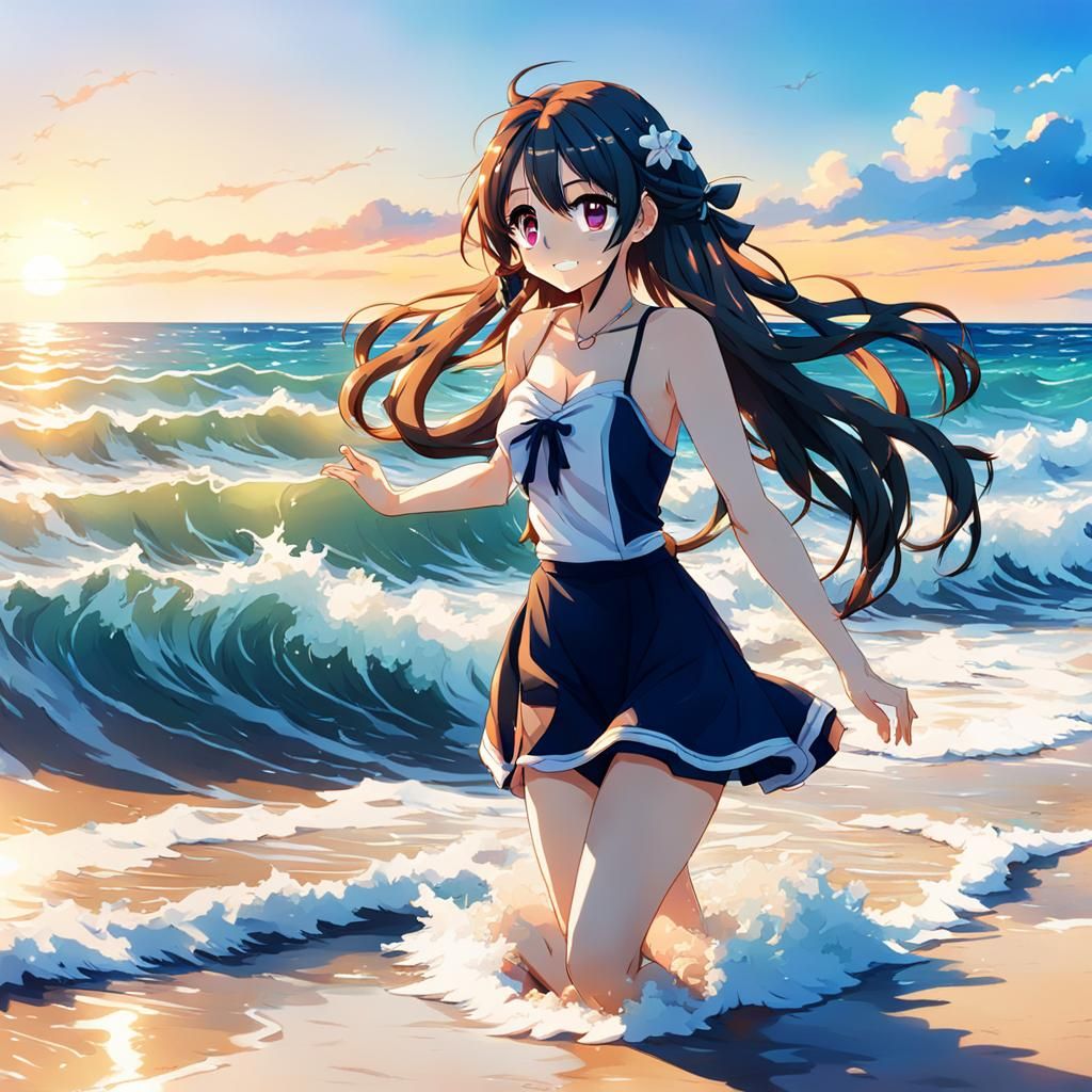 Anime Girl Waves on Beach to Friends