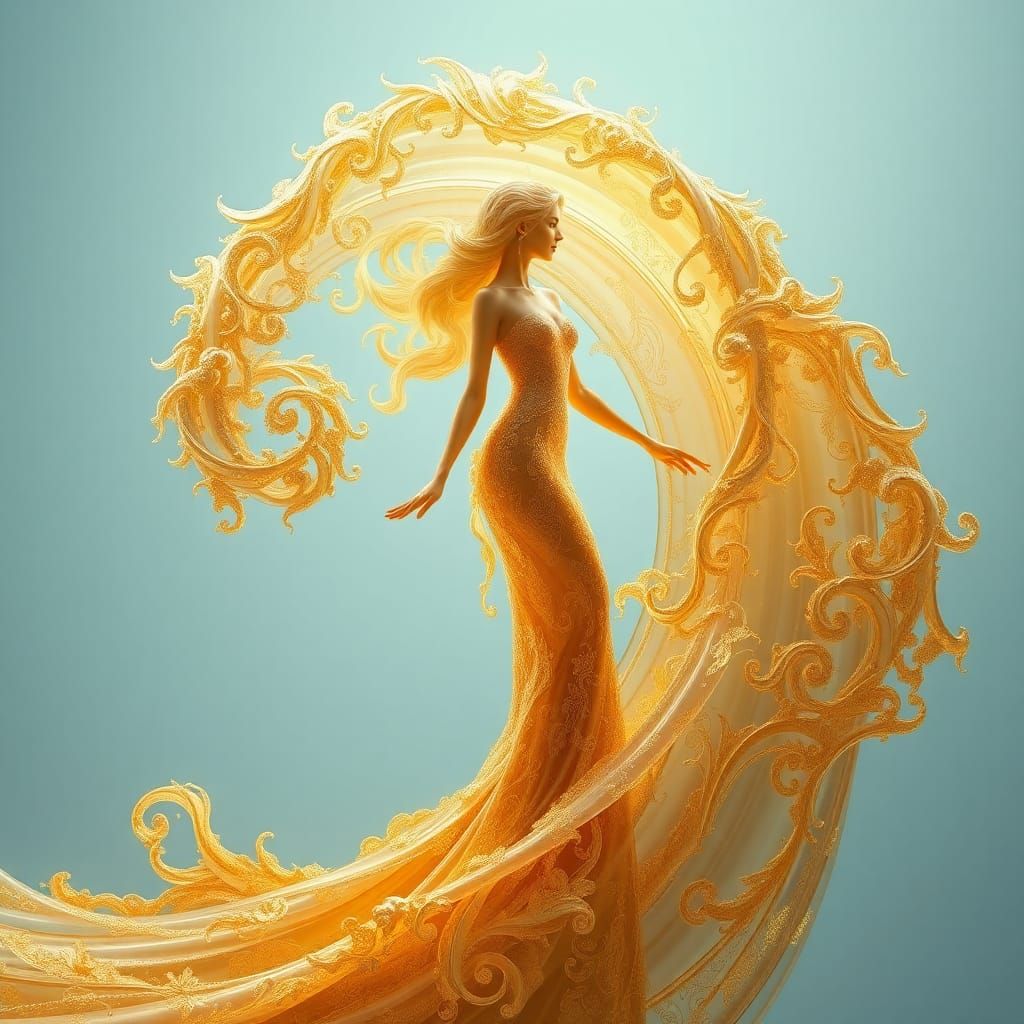 Golden Wave Woman in Ethereal Matte Painting Style