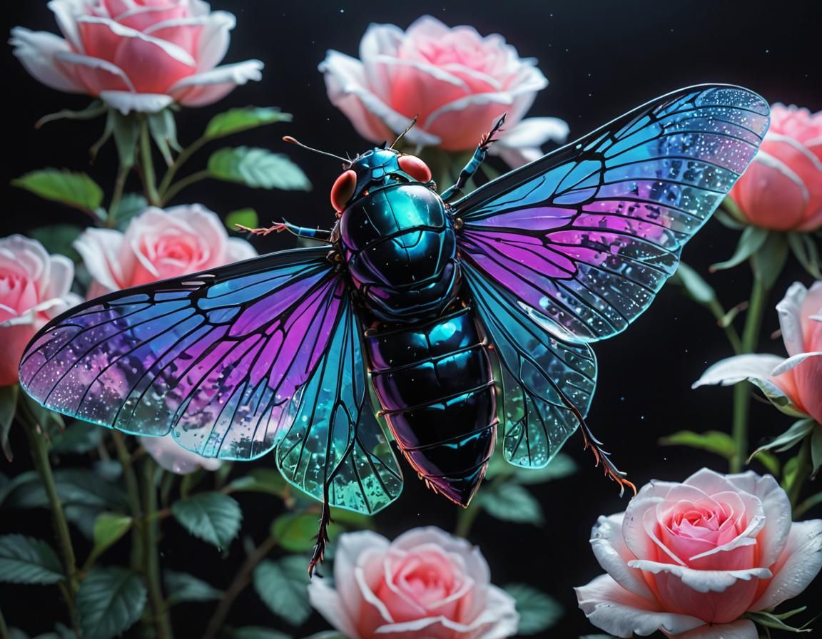 Holographic Cicada with Roses in Black and White