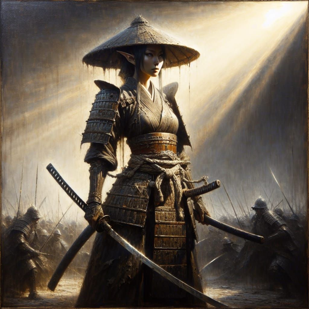 Surreal Tenebrism Oil Painting of Elven Samurai