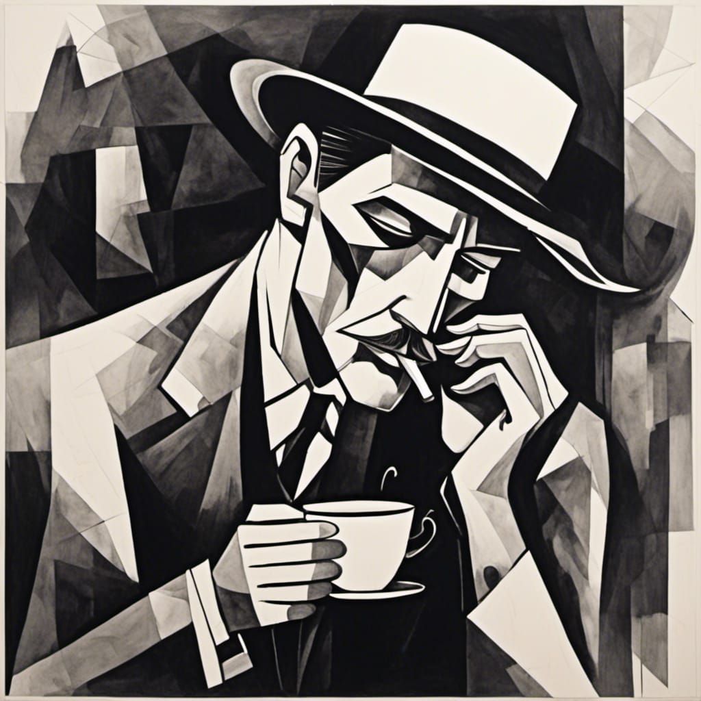 Abstract Art Deco Portrait: Man Sipping Coffee